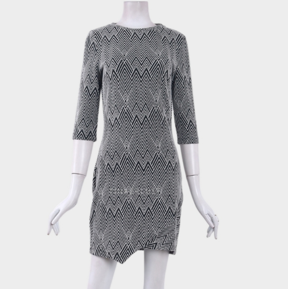 Mango Basics Black & White Patterned 3/4 Sleeve Dress Large